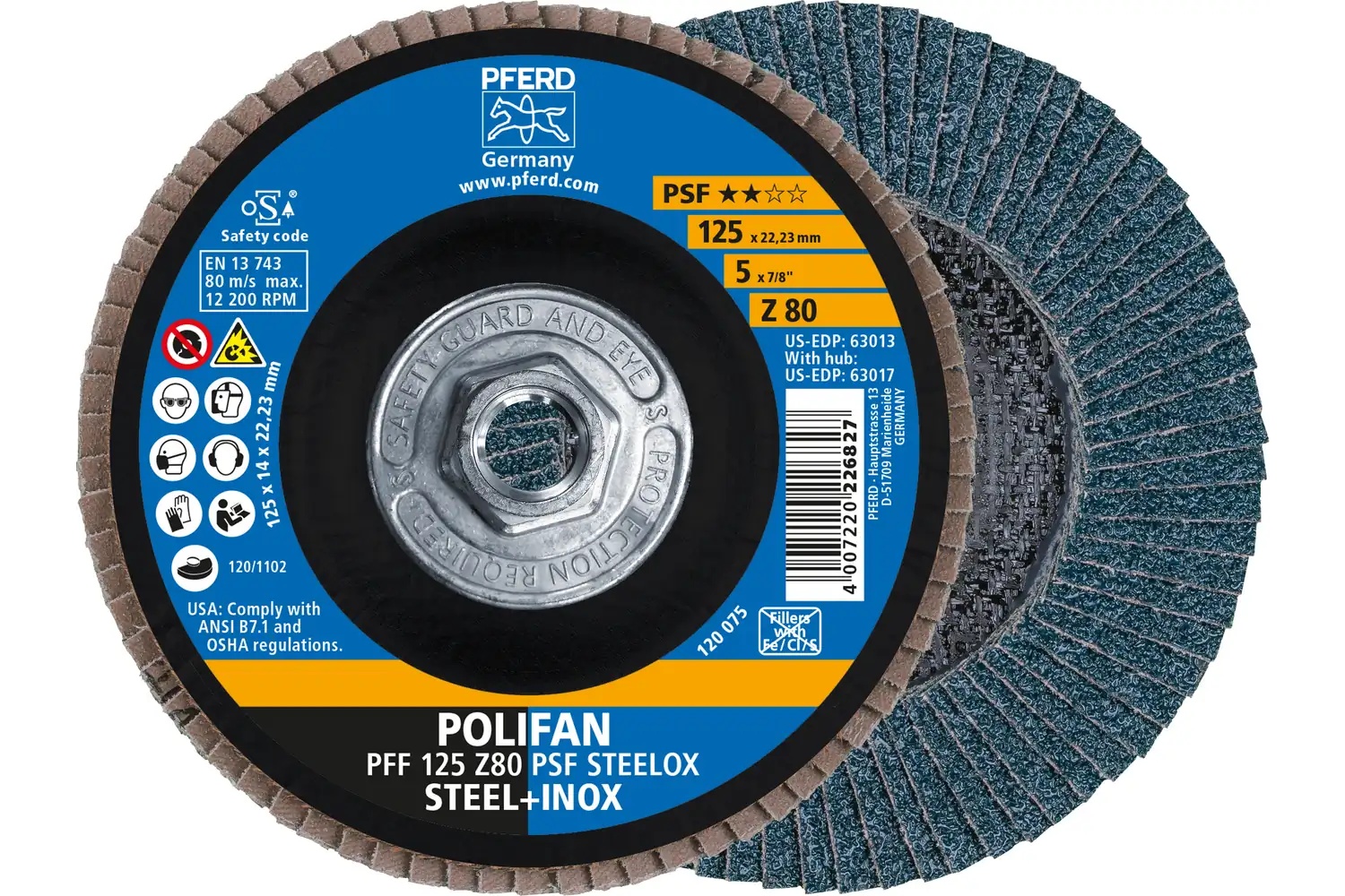 Picture of Pferd Flap Disc, 5" x 5/8-11, Z PSF Steelox, 80 Grit, T27, Flat, Zirconia